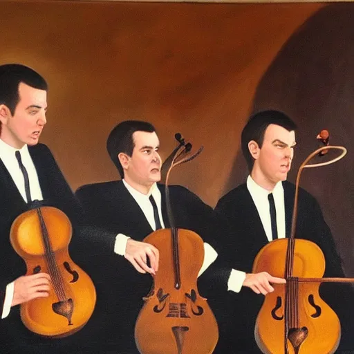 Prompt: detailed realistic oil painting of the clancy brothers performing music in a pub