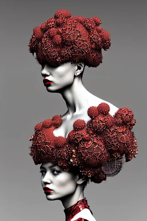 Image similar to complex 3 d render, hyper detailed ultrasharp beautiful biomechanical mandelbrot fractal steampunk filigree mesh wire female cyborg portrait with a porcelain profile face, albino afro, elegant crown with big hydrangea foliage leaves stems roots, red lips, alexander mcqueen haute couture, art nouveau fashion, octane render, 8 k