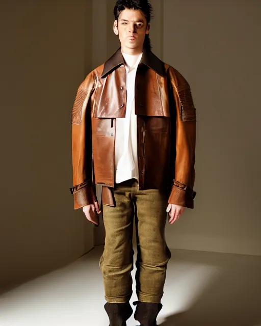 Prompt: an award - winning photo of a brown cropped extremely baggy medieval designer menswear leather jacket with an oversized collar and bootcut trousers designed by alexander mcqueen, 4 k, studio lighting, wide angle lens