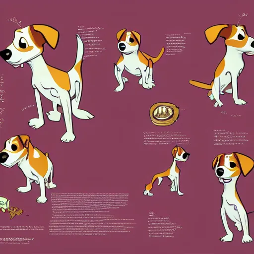 Image similar to jack russel terrier character surprised, pixar, disney, concept art, character sheet, trending on artstation, graphic novel, childrens illustrated storybook, by alphonse mucha and cory loftis and matthias lechner