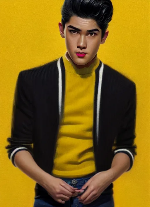 Image similar to portrait of young reggie mantle, mean smirk, egotistical, slicked back hair, striped yellow and black sweater, 1 9 5 0 s, intricate, elegant, glowing lights, highly detailed, digital painting, artstation, concept art, smooth, sharp focus, illustration, art by wlop, mars ravelo and greg rutkowski