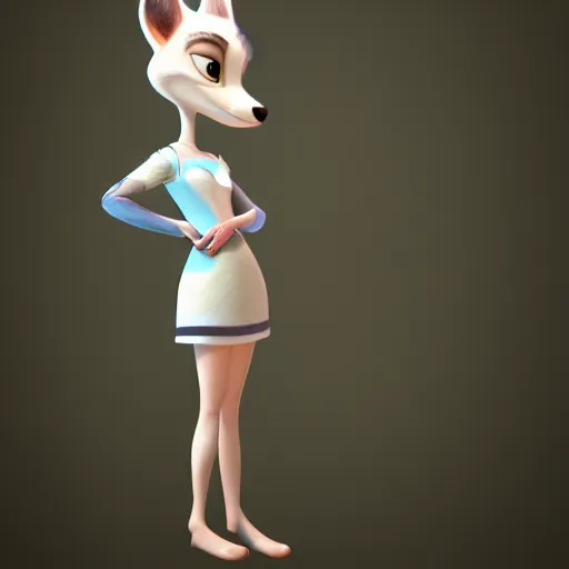 Prompt: portrait, 3 d render, tall, little fat, anthropomorphic female deer, wearing along white dress, in the style of zootopia,