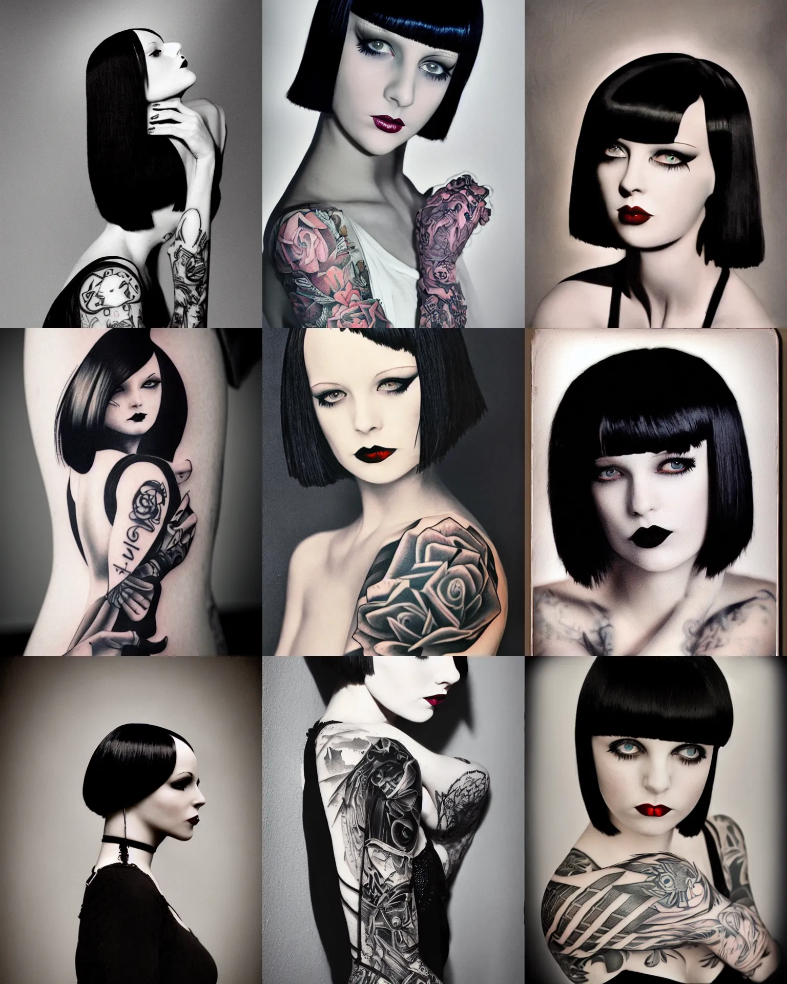 Prompt: goth girl, tattooed arm, mary louise brooks 2 0 years old, bob haircut, portrait by cliff ruddell, duo tone, art deco, air brush, back lit