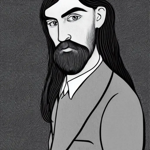 Image similar to young man, long hair!!!!, short facial hair, no mustache, dark green eyes, dark eyebrows, light widows peak light facial hair, in the style of mauritz cornelis escher, in - frame