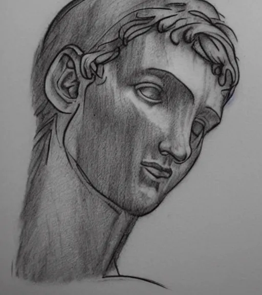 Image similar to tattoo design sketch of the head of michelangelo's david broken in the middle, in the style of den yakovlev, realistic face, black and white, realism tattoo, hyper realistic, highly detailed