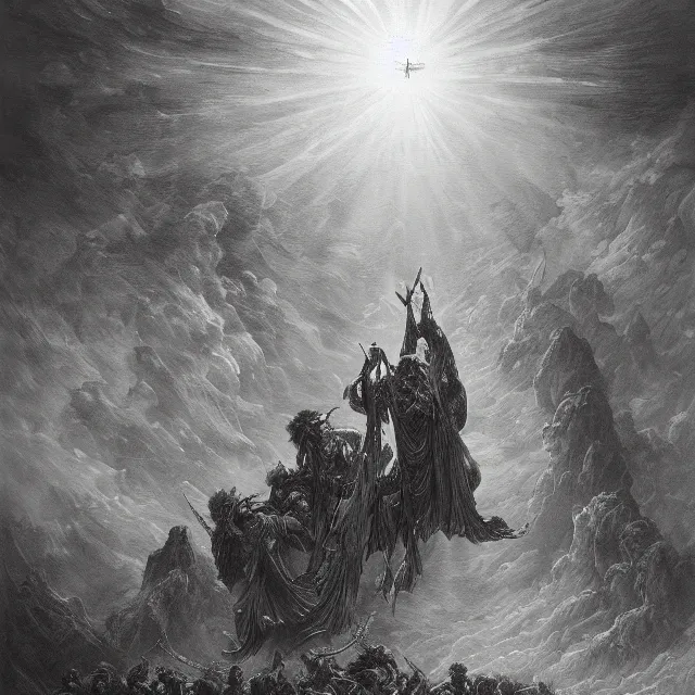 Prompt: a painting of an evil heavenly divine by gustave dore, dark fantasy art, high detail, trending on artstation