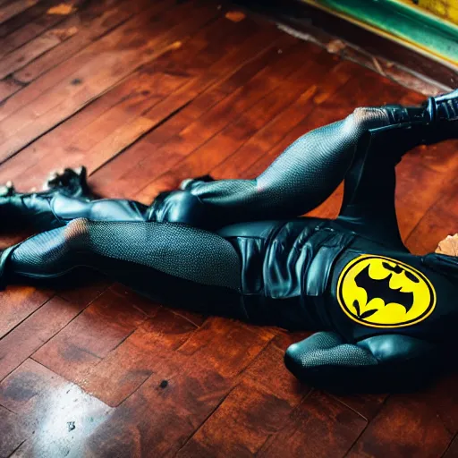 Image similar to batman lying on the floor in a pub, 8 k photography, golden hour