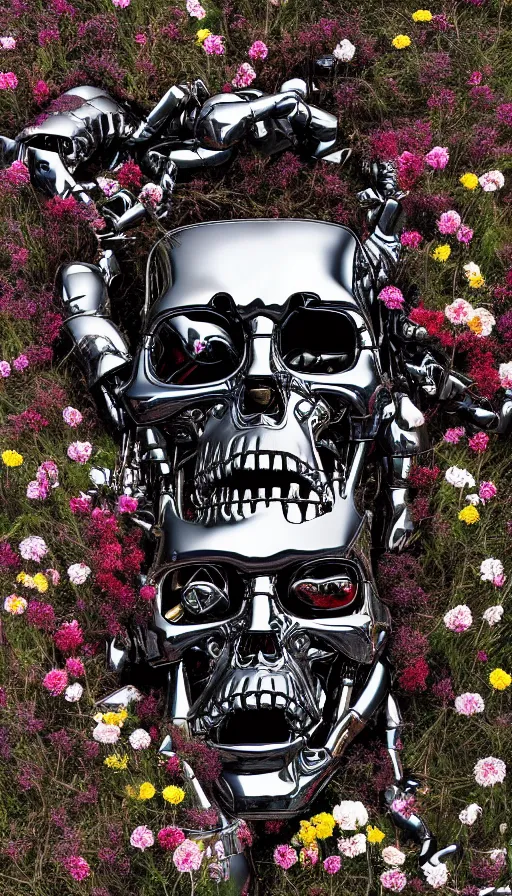 Image similar to destroyed terminator lying in a field of flowers, twisted metal, chrome, reflections, anthropomorphic, photorealism, smoke, metal, 8 k, surreal, wires, smooth, sharp focus, top view, extremely detailed, hyperrealism, elegant, establishing shot, by jeff koons, artgerm and greg rutkowski