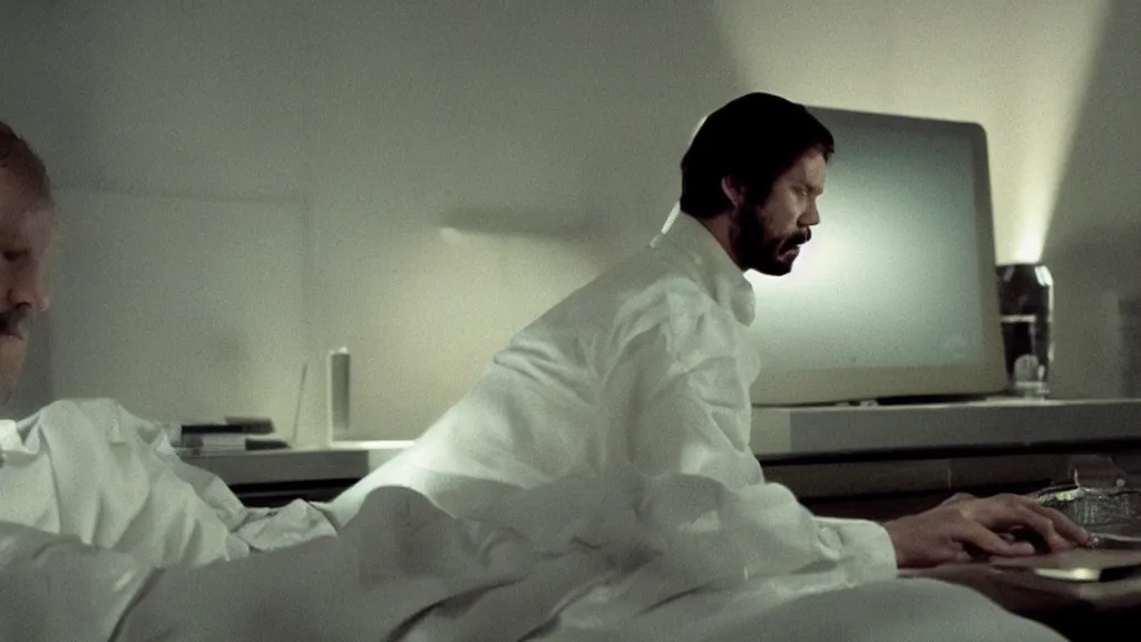 Prompt: Using Stable Diffusion for the first time and staying up way past your bedtime, man bleary eyed at a computer, film still from the movie directed by Denis Villeneuve with art direction by Salvador Dalí, wide lens