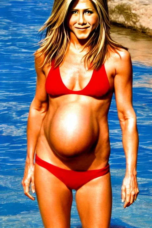 Image similar to pregnant jennifer aniston in a red bikini, realistic portrait, symmetrical, highly detailed, smooth, sharp focus, hdr 4 k film screenshot