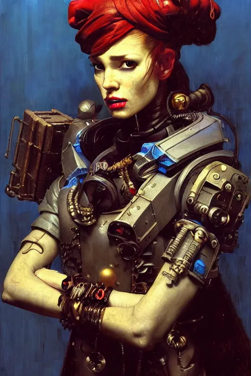 Image similar to full character portrait max mad cyberpunk warhammer 4 0 k, medic sapper not the girl with the pearl earring character design, painting by gaston bussiere, katsuya terada, wyeth, greg rutkowski, craig mullins, ( ( ( ( ( vermeer ) ) ) ) ), frank frazetta, mucha, tom of finland, trending on artstation