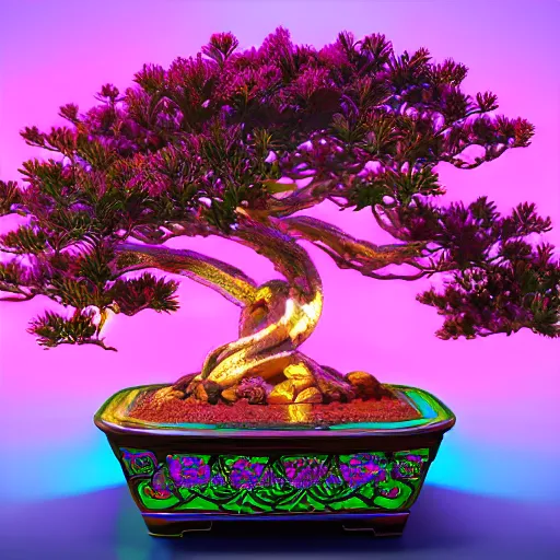 Prompt: a neon sakura bonsai, glowing leaves, intricately detailed divine pot, glow, ornate, explosion of colors, photorealistic, unreal engine 5