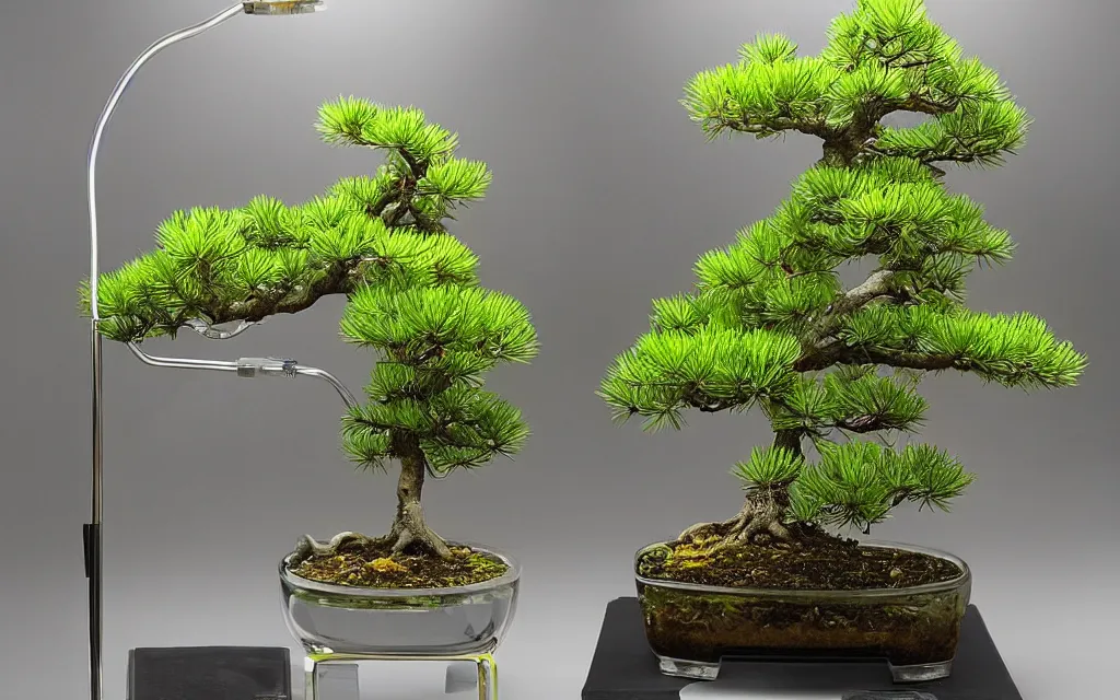 Prompt: a plant incubator made of glass, stainless steel, precision instruments and screens. there is a pine bonsai in it. there are many transparent hoses filled with water and mist in the glass fiber reinforced plastic, a row of yellow lamps above the pine, exposed circuit