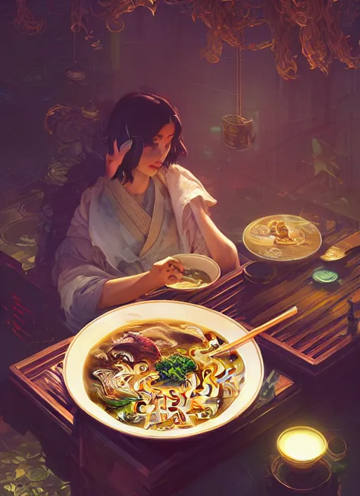 Prompt: highly detailed bowl of lucrative ramen, stephen bliss, unreal engine, fantasy art by greg rutkowski, loish, rhads and lois van baarle, ilya kuvshinov, rossdraws, tom bagshaw, alphonse mucha, global illumination, detailed and intricate environment