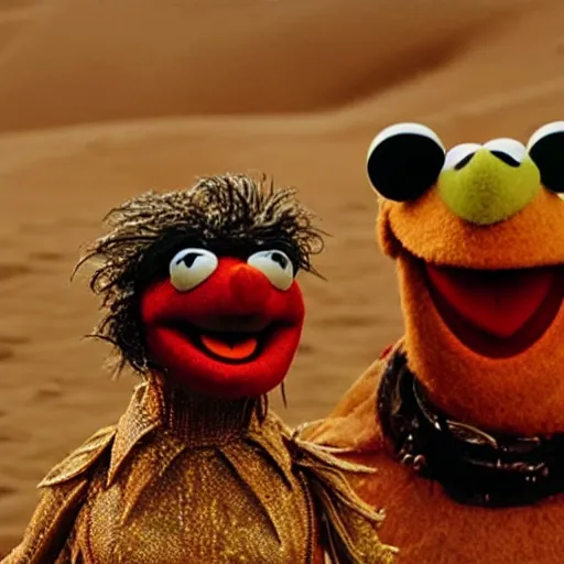 Image similar to The muppets in Dune (2021) dynamic action battle, highly textured, hyperrealism, god rays, award winning, gritty