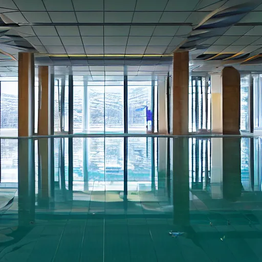 Image similar to Level 37, commonly referred to as the Poolrooms, is an expansive complex of interconnected rooms and corridors slightly submerged in undulating, lukewarm water. Each area of the level varies greatly in size and structure, ranging from uniform pools and hallways to more open, abnormally-shaped areas. The walls, ceilings, and floors of the level all appear to be constructed from the same white ceramic tile, with the only deviation from this color being the blue-green hue of the water.