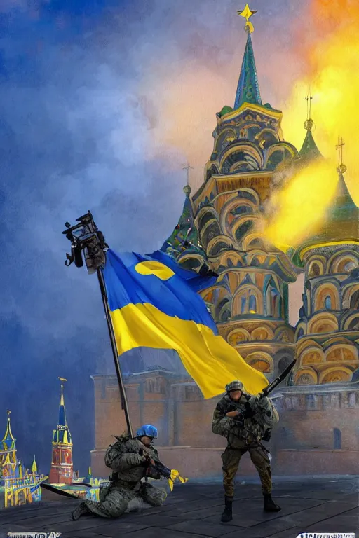 Image similar to special forces soldier installin ukrainian blue and yellow flag on red square kremlin, masculine figure, d & d, fantasy, bright atmosphere, volumetric lights, intricate, elegant, extremely detailed, digital painting, artstation, concept art, matte, smooth, sharp focus, hyper realistic, illustration, art by artgerm and greg rutkowski and alphonse mucha