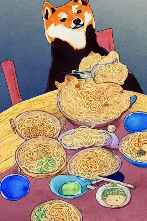 Image similar to a portrait of a shiba inu eating ramen on a dinner table, watercolor, studio ghibli, studio ghibli color palette, artistic