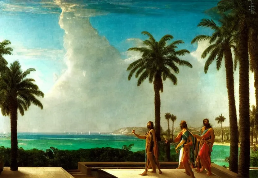 Image similar to The biggest palace ever made, thunderstorm, greek pool, beach and palm trees on the background major arcana sky, by paul delaroche, hyperrealistic 8k, very detailed