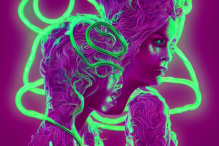 Image similar to photo of surreal medusa gorgo in neon lighting, elegant, highly detailed, smooth, sharp focus, trippy, dmt, psychedelic, illustration, beautiful, geometric, trending on artstation, cinematic, artwork by WLOP