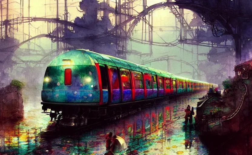 Image similar to an urban train rides inside of a waterway on a fantasy city. intricate, amazing composition, colorful watercolor, by ruan jia, by maxfield parrish, by marc simonetti, by hikari shimoda, by robert hubert, by zhang kechun, illustration, gloomy