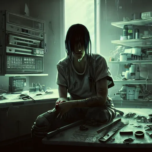 Prompt: tired drug addict holding a knife in an abandoned cyberpunk medical lab, ultra realistic, concept art, intricate details, eerie, highly detailed, photorealistic, octane render, 8k, unreal engine, art by Bjorn Hurri