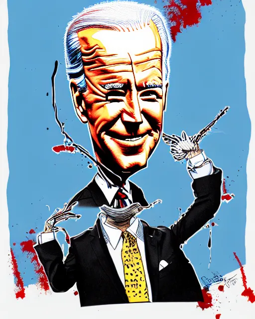 Image similar to an political caricature of joe biden, by gerald scarf and ralph steadman, illustration, ink drips, front angle, ink splatters, pen and ink, flat color, distorted features, spittle, drawing, facing front, anatomically correct, beautiful perfect face, sharp focus, highly detailed, cinematic lighting, 8 k, hd