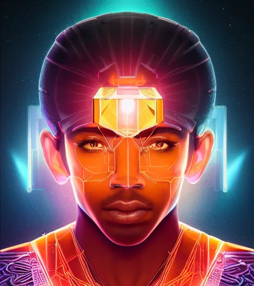 Image similar to symmetry!! egyptian prince of technology, solid cube of light, hard edges, product render retro - futuristic poster scifi, lasers and neon circuits, brown skin man egyptian prince, intricate, elegant, highly detailed, digital painting, artstation, concept art, smooth, sharp focus, illustration, dreamlike, art by artgerm