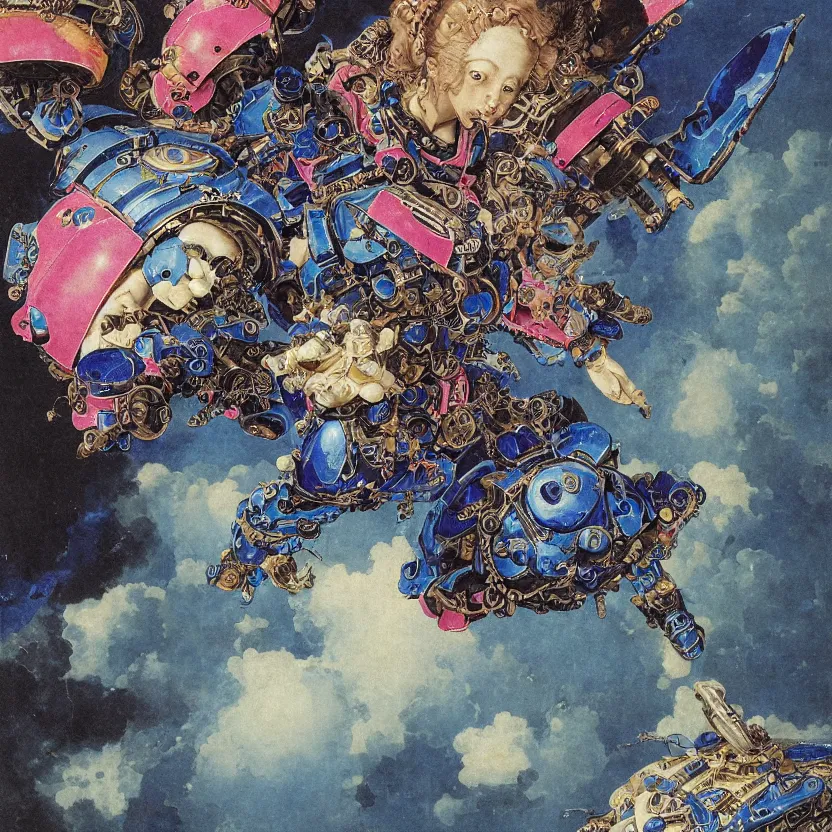 Prompt: a baroque neoclassicist renaissance close - up portrait of a deep blue and pink iridescent whimsical 1 8 0 0 s japanese mecha gundam butterfly cat with big glowing eyes. reflective detailed textures. puffy clouds, dark black background. highly detailed fantasy science fiction painting by moebius, norman rockwell, frank frazetta, and syd mead. rich colors, high contrast. artstation