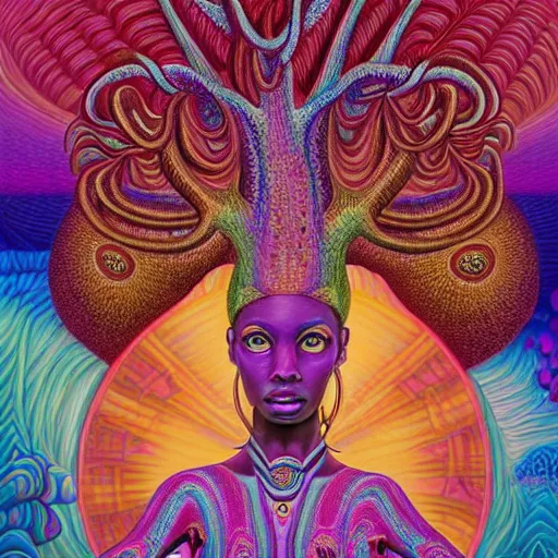 Prompt: a regal and heroic african queen with colorful dreadlocks sitting in a cabana near a pink river with a large glowing baobab tree in the center, by amanda sage and alex grey and evgeni gordiets in a surreal psychedelic style, symmetrical, detailed eyes, oil on canvas 8k, hd