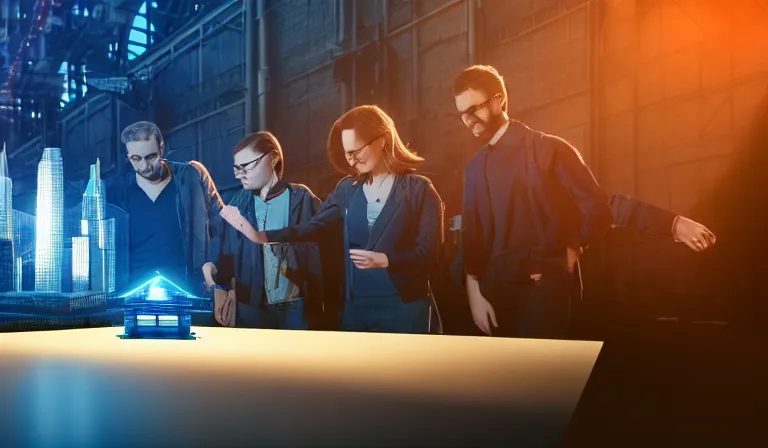 Image similar to group of people in walled warehouse, looking at hologram of futuristic city on a table, cinematic concept, godrays, golden hour, natural sunlight, 4 k, clear details, tabletop model buildings, center model buildings, hologram center, crane shot, crane shot, crane shot