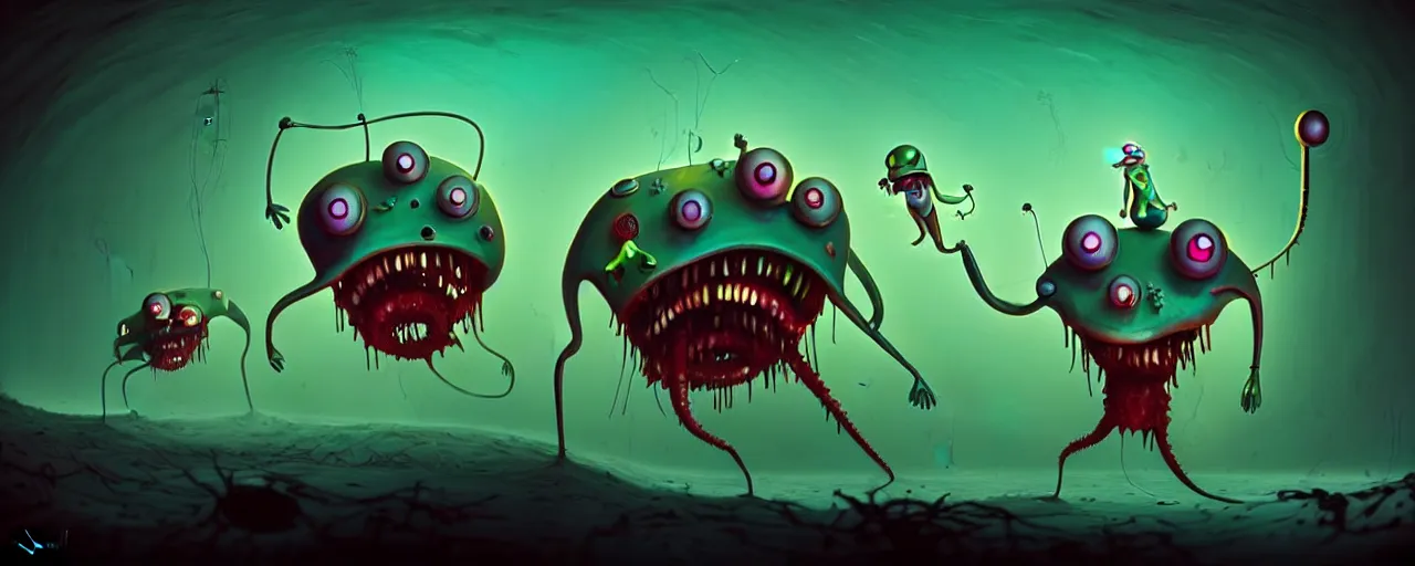 Image similar to wild whimsical plankton mutants from the depths of a wasteland deep in the imaginal realm, dramatic lighting, surreal fleischer cartoon characters, shallow dof, surreal painting by ronny khalil