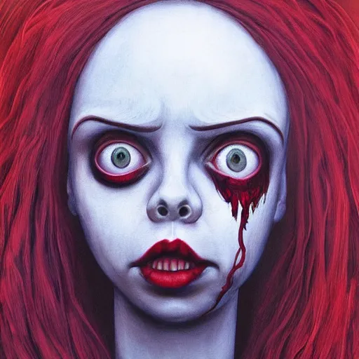 Image similar to painting of Billie eilish with a wide smile and a red balloon by Zdzisław Beksiński, loony toons style, pennywise style, corpse bride style, creepy lighting, horror theme, detailed, elegant, intricate, conceptual, volumetric light