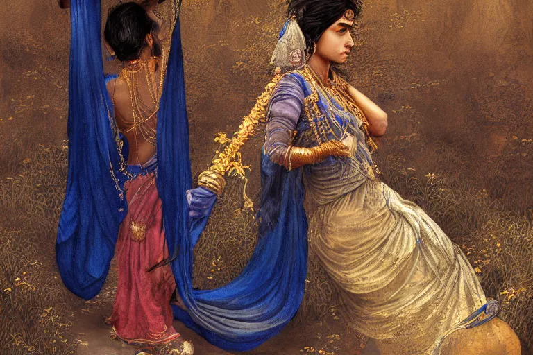 Image similar to an indian women getting water,digital painting, Pre-Raphaelites, highly detailed, concept art, smooth, sharp focus, gold and indigo, illustration, cinematic style, 35mm, art by Yoshitaka Amano