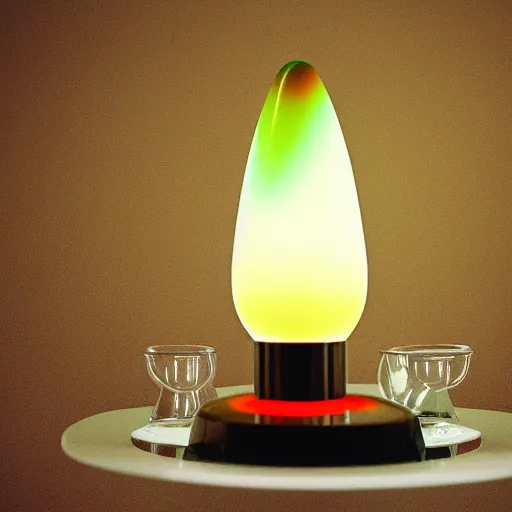 Image similar to retro conic lava lamp on a white table, product photography