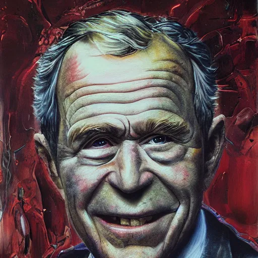 Image similar to George Bush, hyper-realistic oil painting, Body horror, biopunk, by Ralph Steadman, Francis Bacon, Hunter S Thompson