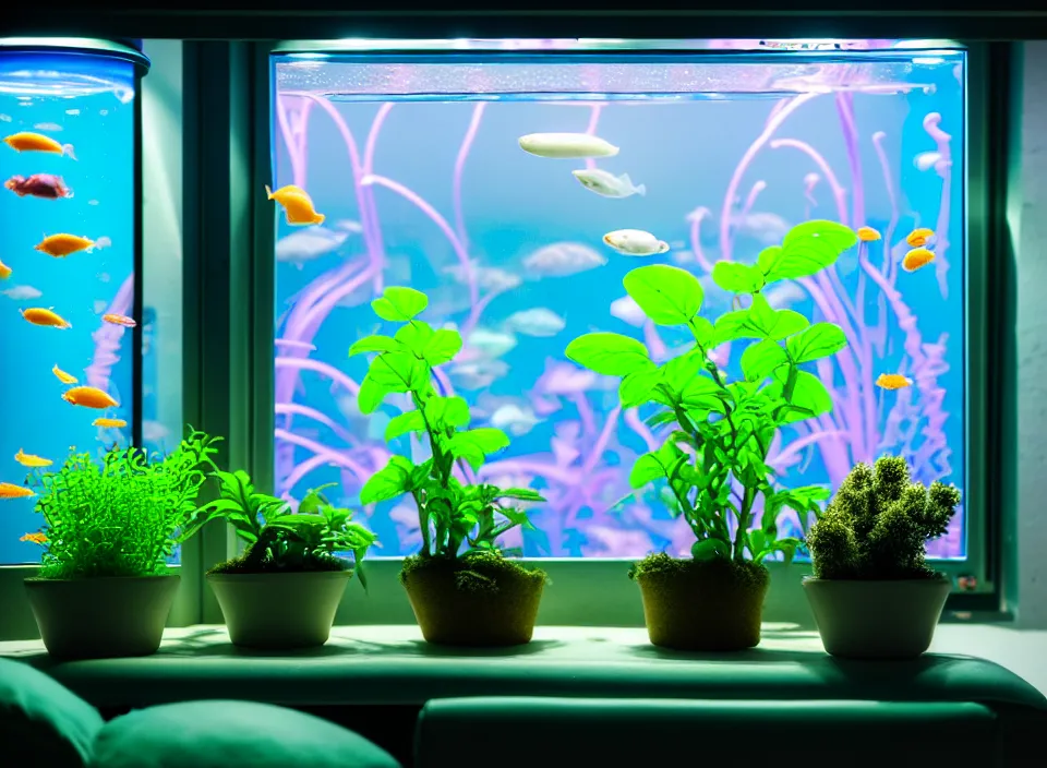 Image similar to telephoto 7 0 mm f / 2. 8 iso 2 0 0 photograph depicting an alien cheese plant in a cosy cluttered french sci - fi ( art nouveau ) cyberpunk apartment in a pastel dreamstate art cinema style. ( aquarium, computer screens, window ( city ), leds, lamp, ( ( ( aquarium bed ) ) ) ), ambient light.