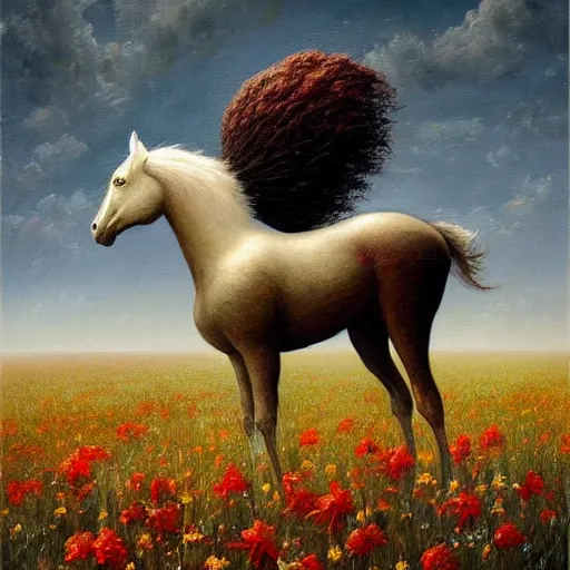 Prompt: an oil painting of a pegasus view from its side standing in the middle of a dark field of wilted flowers oil painting by esao andrews. creepy and gloomy. cold color scheme. oil painting. dark and twisted. textured brush strokes. trending on artstation.