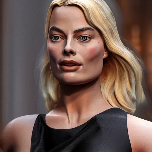 Image similar to a realistic renaissance sculpture of margot robbie by michelangelo, standing in times square, 3 d render, hyper detailed, sharp focus, 8 k resolution