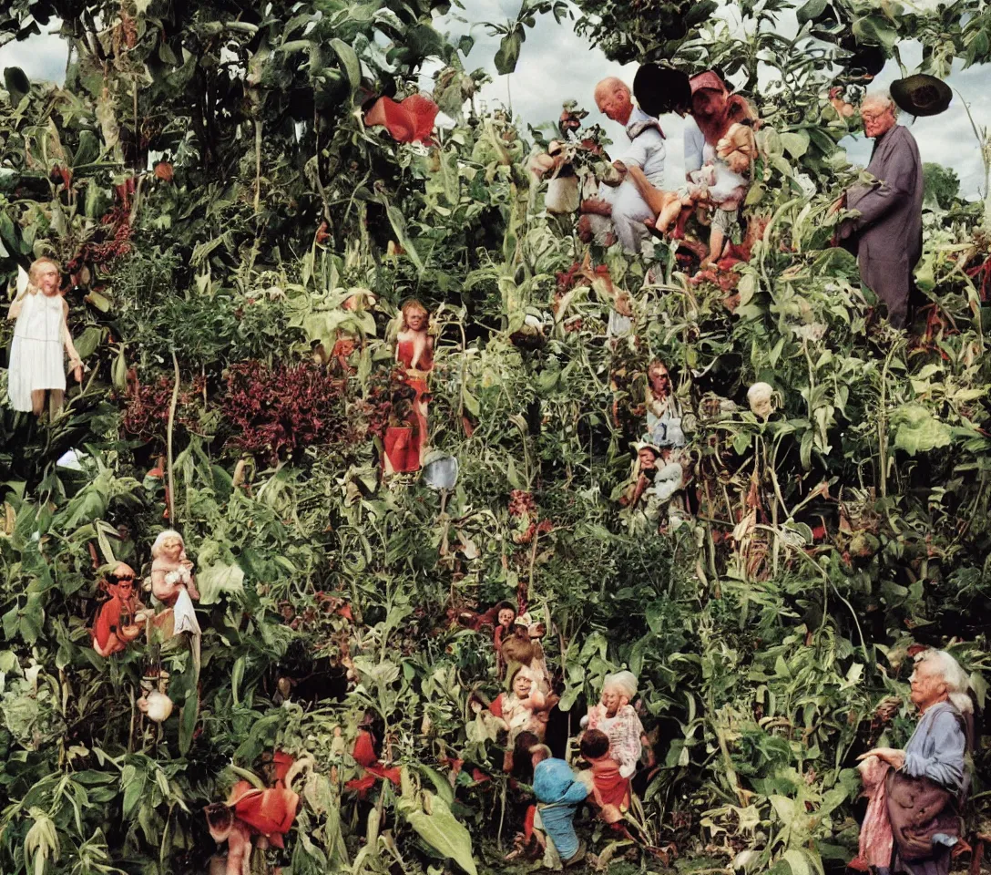 Image similar to a 3 5 mm photography, kodachrome of grandparents with strange creatures and alien plants inspired by bosch but in the real life, photos taken by martin parr