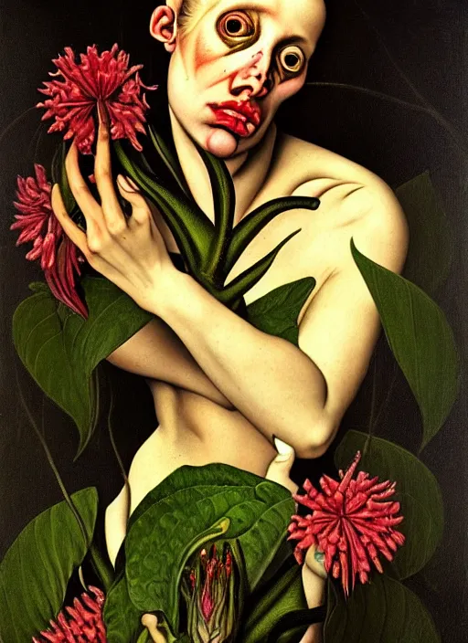 Image similar to beautiful rotten woman morphing into plants and many different types of beautiful flowers, muscles, organs, surreal, miguel angel, gustave courbet, caravaggio, romero ressendi