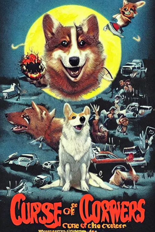 Prompt: movie poster for curse of the corgi werewolf, 1 9 8 0 s horror