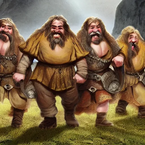 Image similar to a group of dwarves chase rats through an ancient field laughing