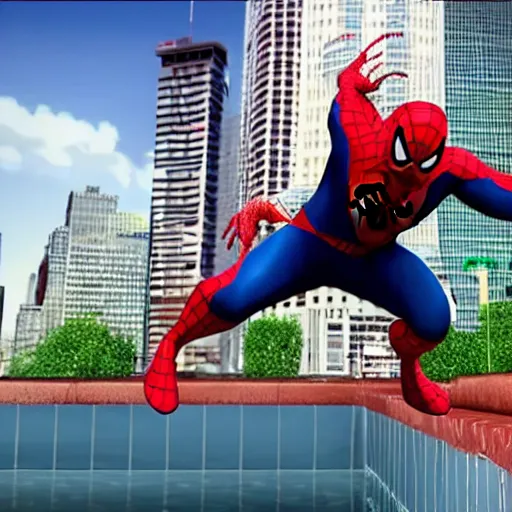 Image similar to fat spider - man falling into a large pool in the middle of a busy city, ultra realistic, hd, 8 k