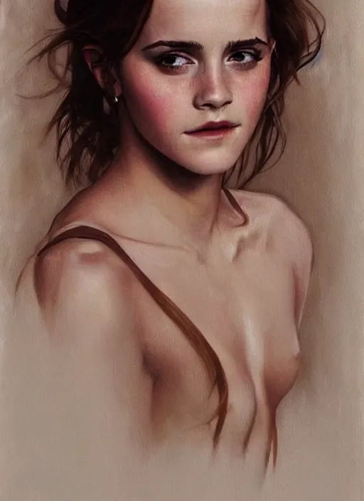 Image similar to oil painting of emma watson giving biting her lip seductive look. beautiful detailed face. by artgerm and greg rutkowski and alphonse mucha
