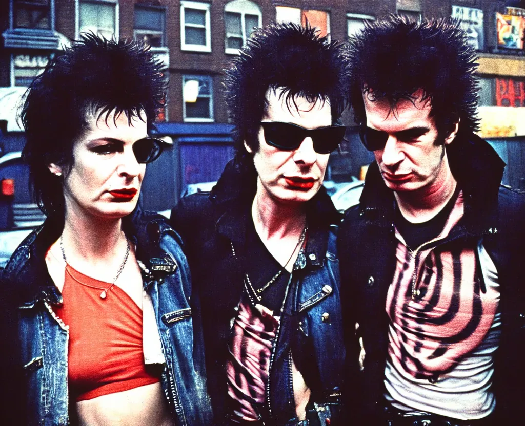 Prompt: closeup of Sid Vicious and Nancy on the lower east side by Alex Cox, polaroid, raining!!!, nightime, colorful, 1970s, photorealistic, atmospheric,