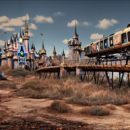 Image similar to post - apocalyptic magic kingdom, wasteland, barren, monorail, abandoned, walt disney world, highly detailed, intricate, 8 k