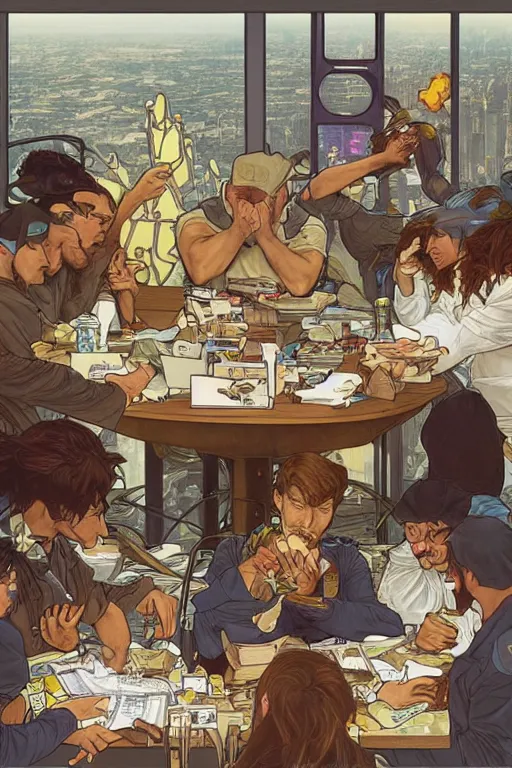 Prompt: a group of software engineers eat chicken sandwiches at their desks, by artgerm and moebius and alphonse mucha, hyperdetailed, dc comics, explosions in the sky, trending on deviantart