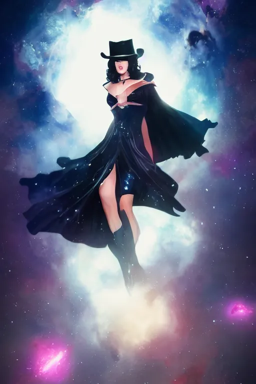 Image similar to a zatanna dc comics, wearing a dress made of stars and nebulae, dramatic, volumetric lighting, planets in the background, smooth, sharp focus, very detailed, by greg rutkowski, artstation, tom badshaw, 8 k, symmetrical face