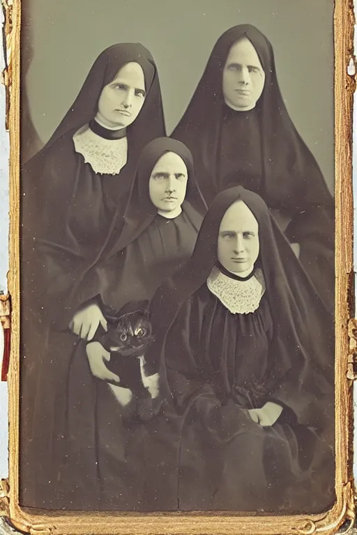 Prompt: daguerreotype of nuns riding cats